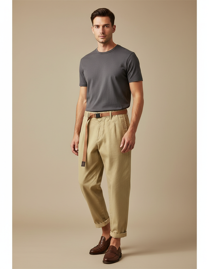 Pantalon Japonais Kaki Ample Coton Ceinturé Décontracté