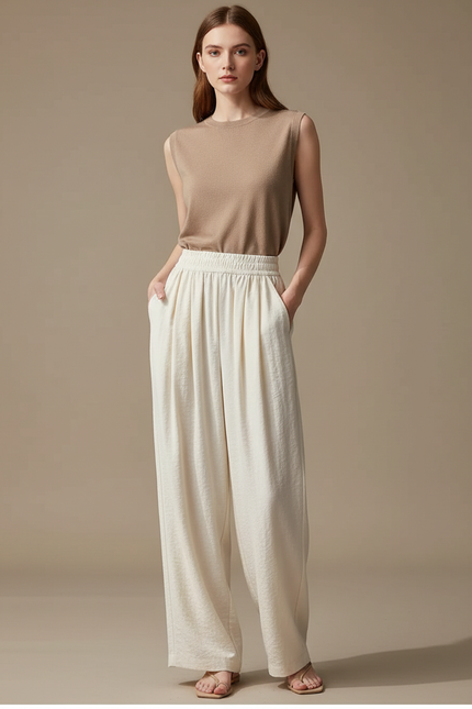 Pantalon Japonais Écru Ample Fluide Décontracté Femme - Beige Lin