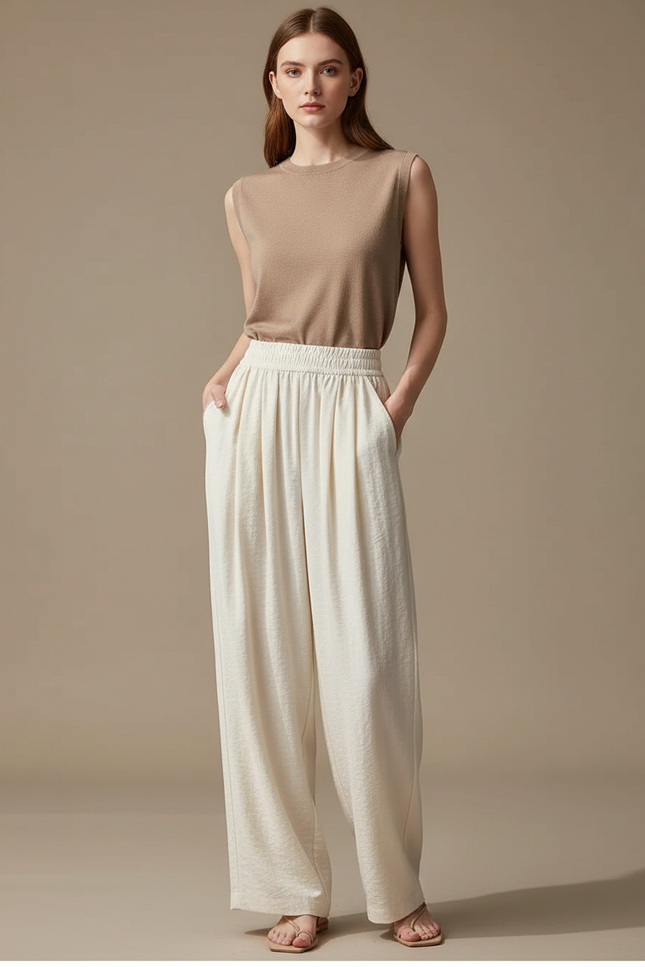 Pantalon Japonais Écru Ample Fluide Décontracté Femme - Beige Lin