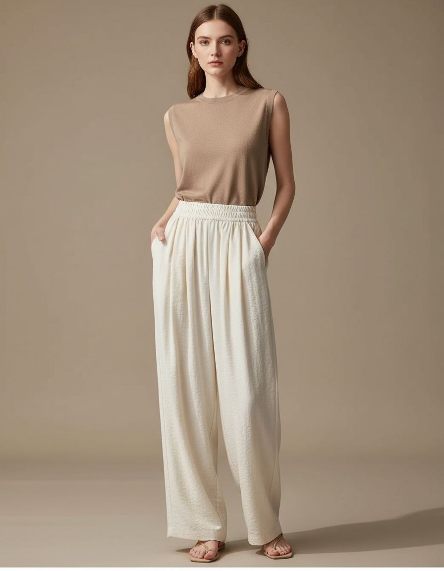 Pantalon Japonais Écru Ample Fluide Décontracté Femme - Beige Lin
