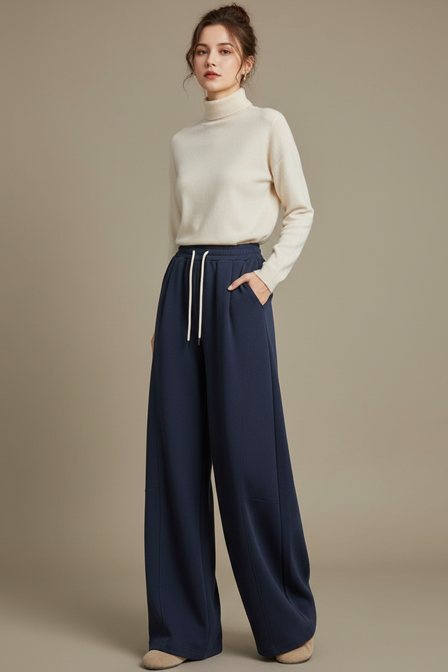 Pantalon Japonais Bleu Marine Ample Cordon Décontracté - Molleton
