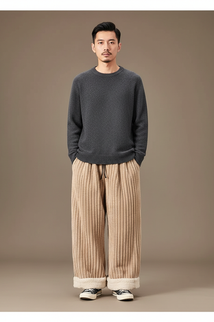 Pantalon Japonais Velours Côtelé Beige Ample Hiver Doublé - Cordé