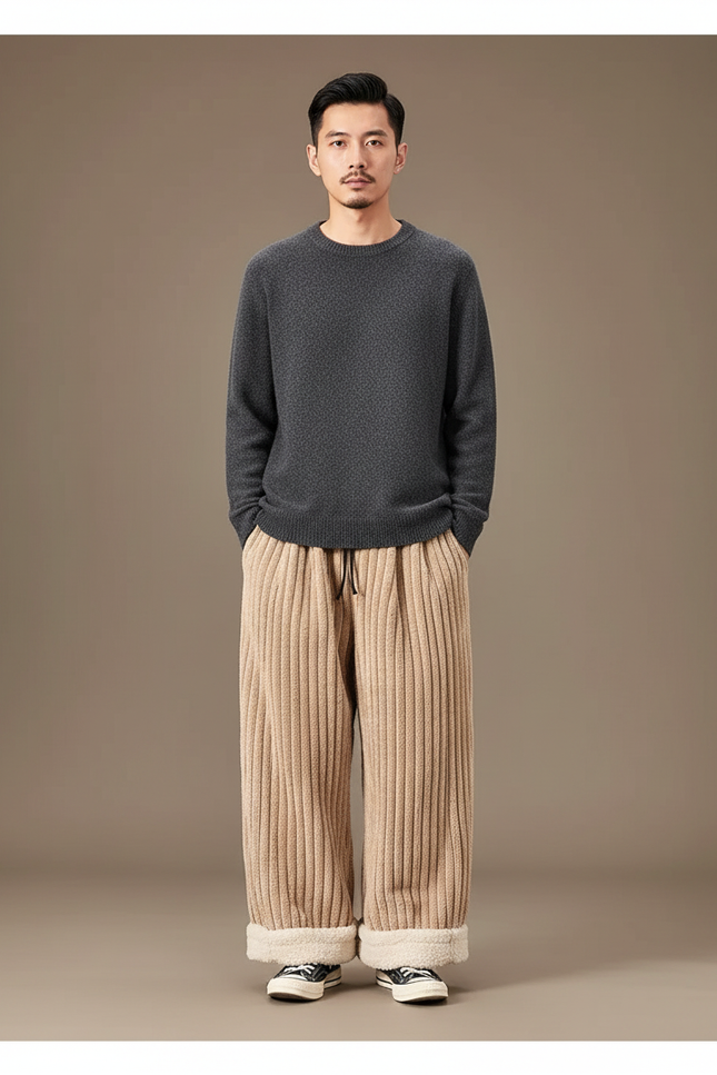 Pantalon Japonais Velours Côtelé Beige Ample Hiver Doublé - Cordé