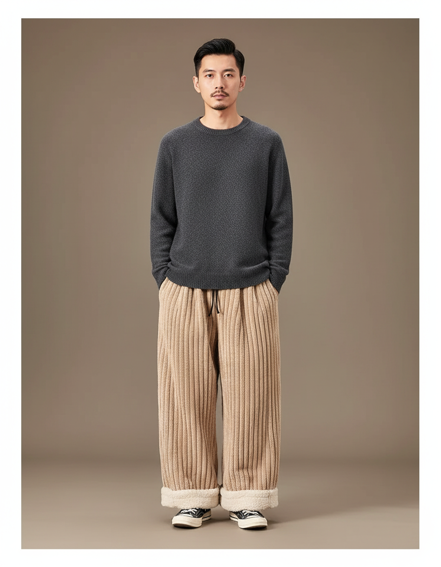 Pantalon Japonais Velours Côtelé Beige Ample Hiver Doublé - Cordé