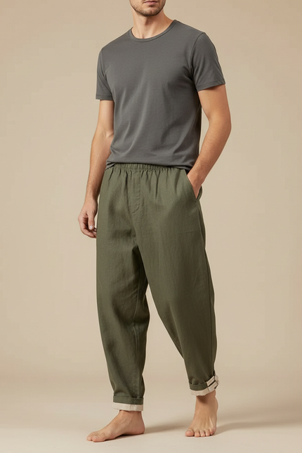 Pantalon Japonais Vert Kaki Ample Lin Décontracté Homme