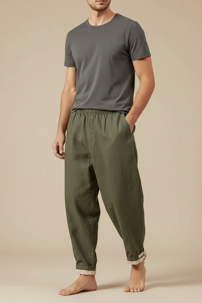 Pantalon Japonais Vert Kaki Ample Lin Décontracté Homme