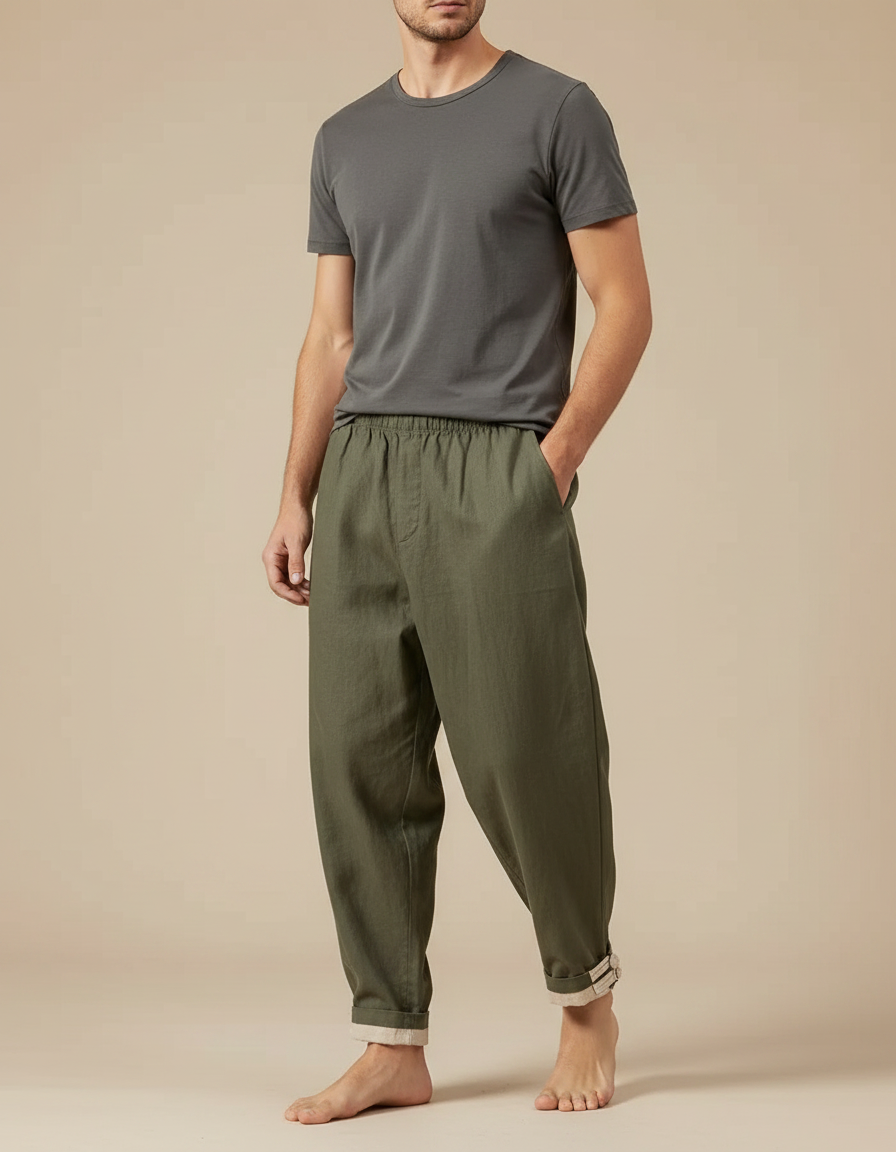 Pantalon Japonais Vert Kaki Ample Lin Décontracté Homme