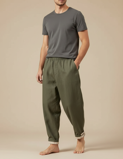Pantalon Japonais Vert Kaki Ample Lin Décontracté Homme