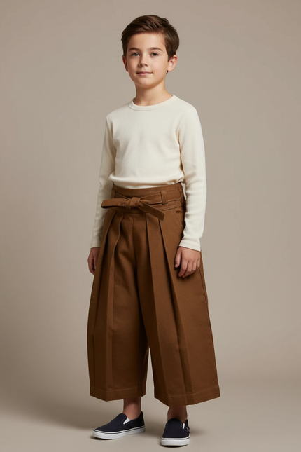 Pantalon Japonais Marron Plissé Ample Ceinturé Coton - Toile