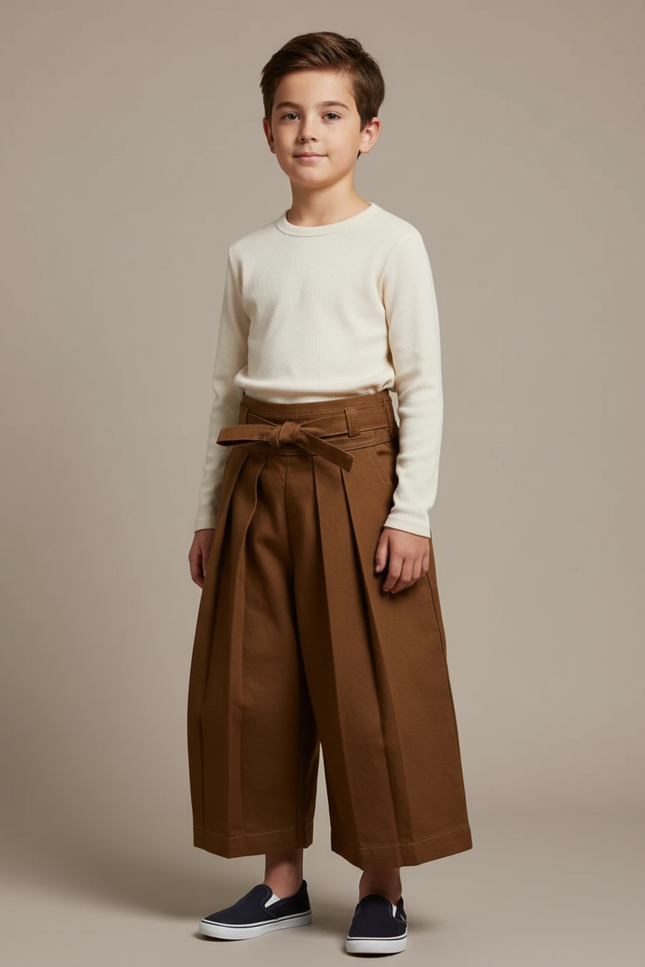 Pantalon Japonais Marron Plissé Ample Ceinturé Coton - Toile