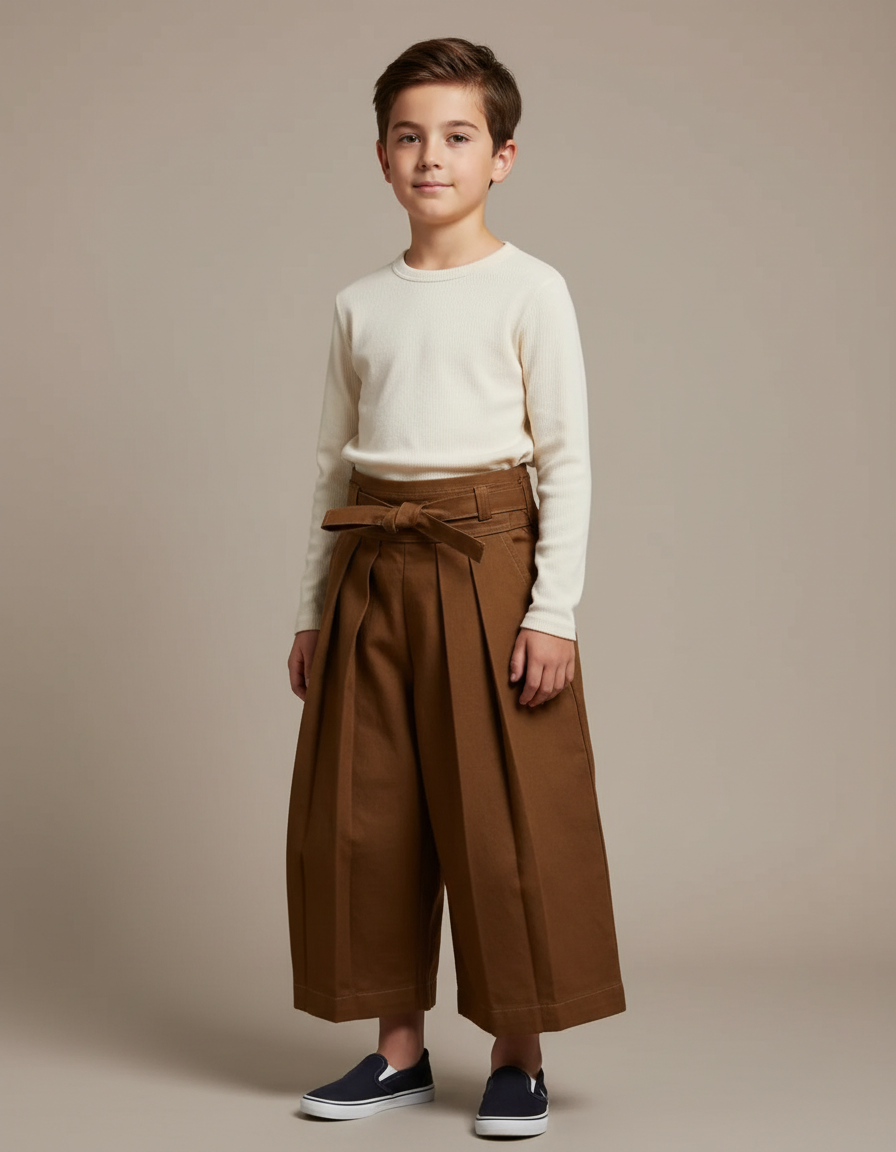 Pantalon Japonais Marron Plissé Ample Ceinturé Coton - Toile