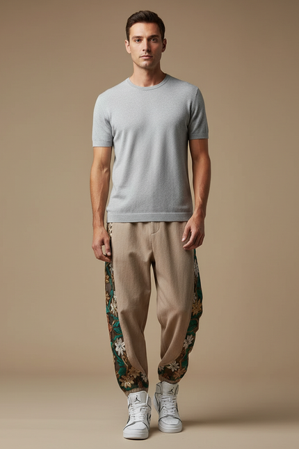Pantalon Japonais Harem Beige Brodé Floral Ample - Molleton