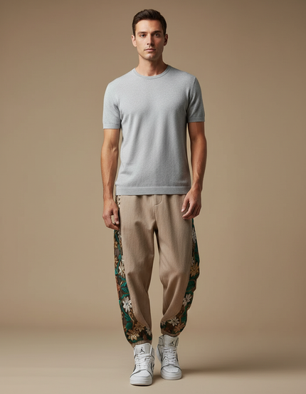 Pantalon Japonais Harem Beige Brodé Floral Ample - Molleton