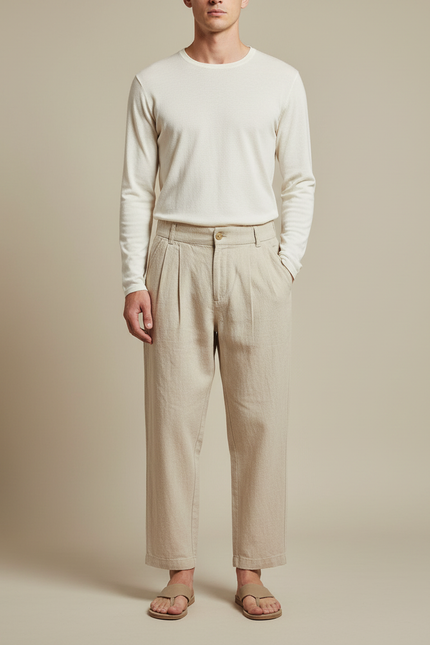Pantalon Japonais Lin Plissé Beige Ample Décontracté Homme