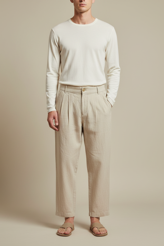 Pantalon Japonais Lin Plissé Beige Ample Décontracté Homme