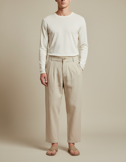 Pantalon Japonais Lin Plissé Beige Ample Décontracté Homme
