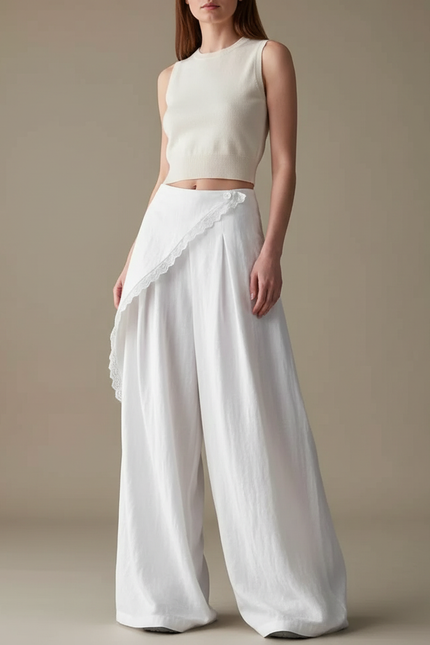 Pantalon Japonais Blanc Fluide Jupe-culotte Dentelle Asymétrique - Lin