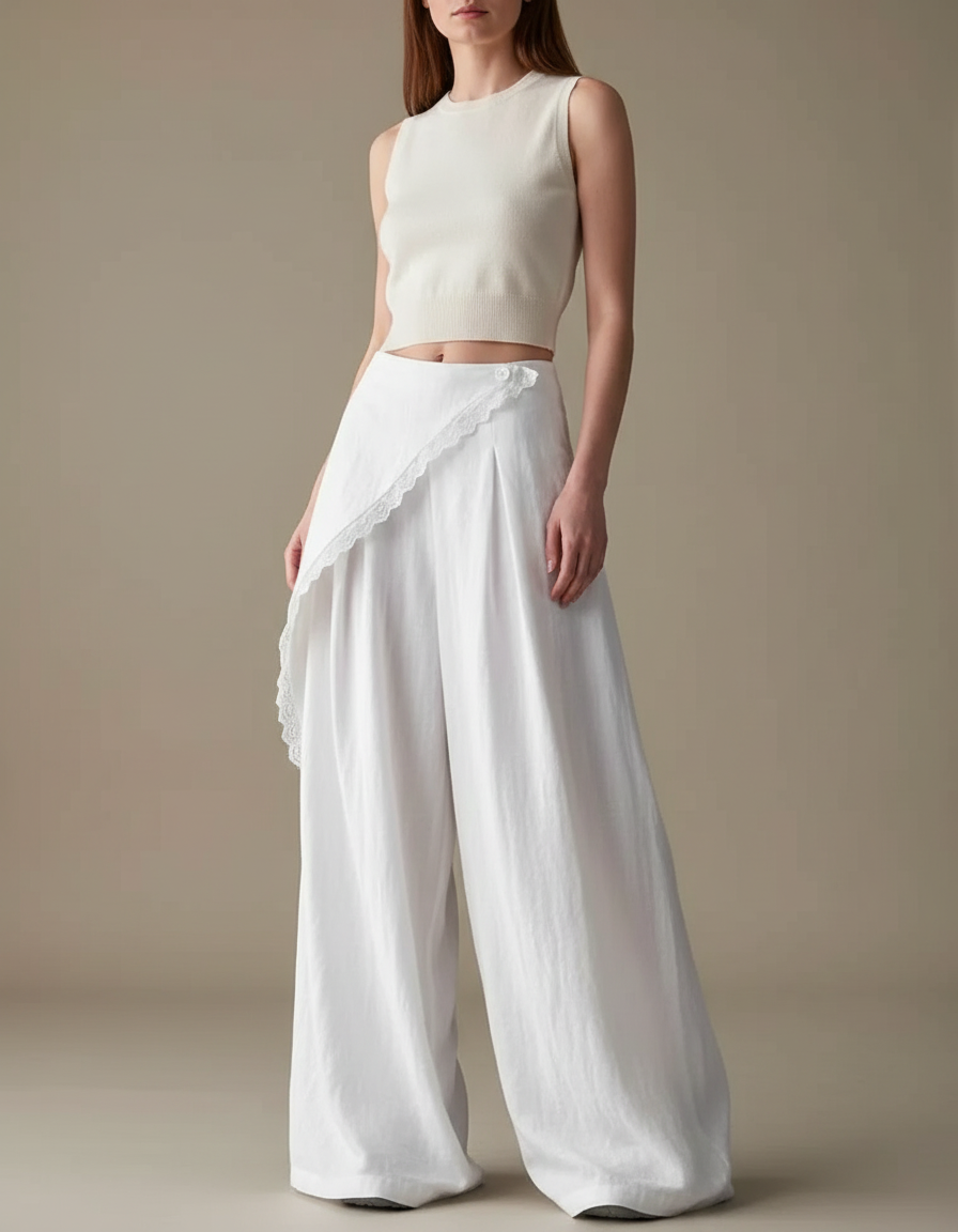 Pantalon Japonais Blanc Fluide Jupe-culotte Dentelle Asymétrique - Lin
