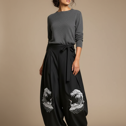 Pantalon Japonais Noir Ample Brodé Grue Fluide - Viscose