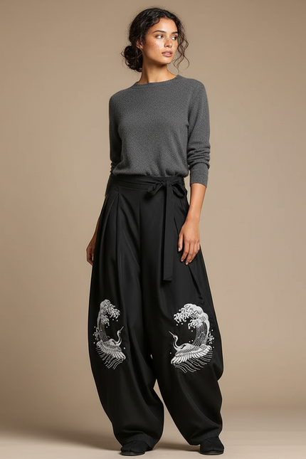 Pantalon Japonais Noir Ample Brodé Grue Fluide - Viscose