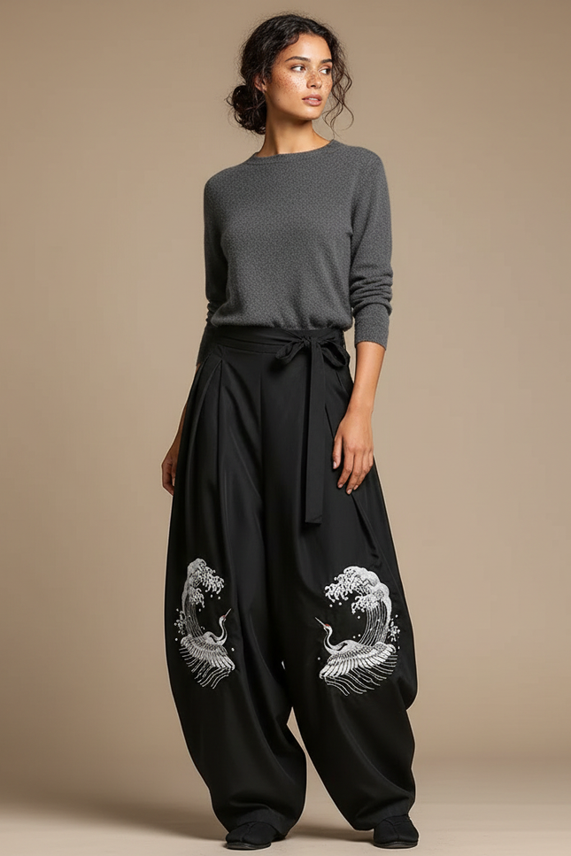 Pantalon Japonais Noir Ample Brodé Grue Fluide - Viscose