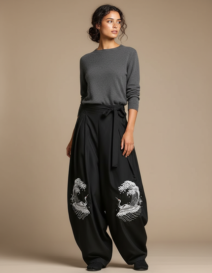 Pantalon Japonais Noir Ample Brodé Grue Fluide - Viscose