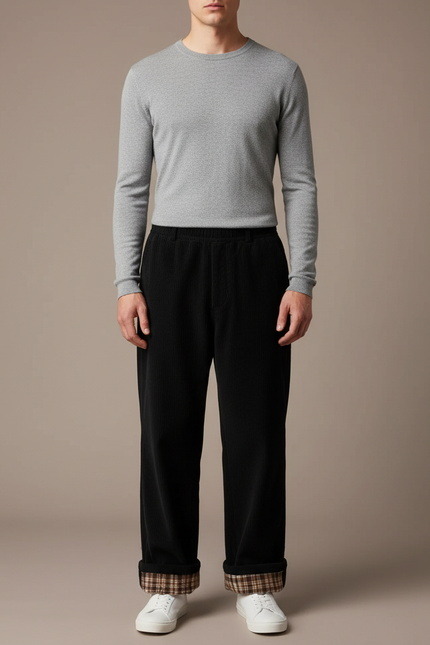 Pantalon Japonais Noir Côtelé Ample Décontracté Plaid - Cordé