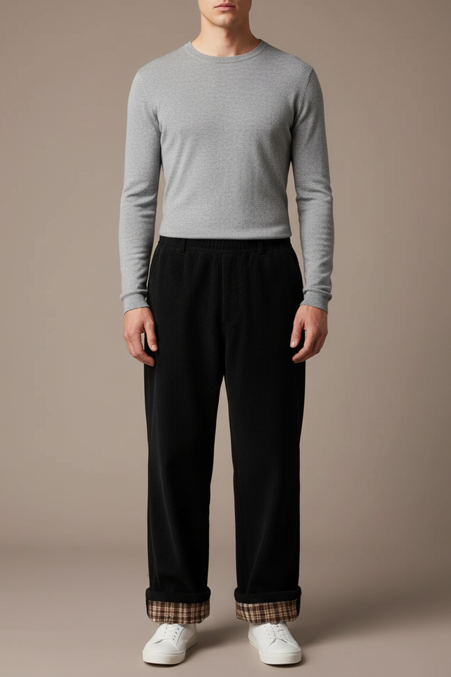 Pantalon Japonais Noir Côtelé Ample Décontracté Plaid - Cordé