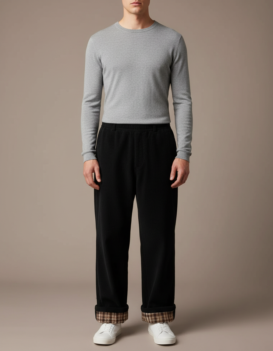Pantalon Japonais Noir Côtelé Ample Décontracté Plaid - Cordé