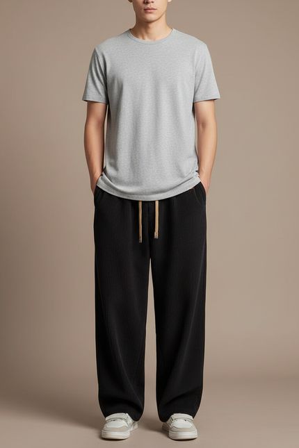 Pantalon Japonais Velours Côtelé Noir Ample Décontracté Homme - Cordé