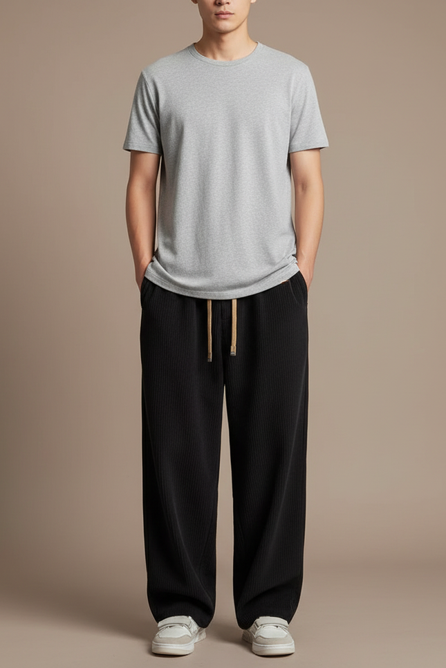 Pantalon Japonais Velours Côtelé Noir Ample Décontracté Homme - Cordé