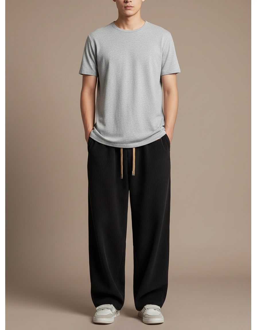 Pantalon Japonais Velours Côtelé Noir Ample Décontracté Homme - Cordé