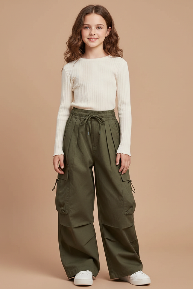 Pantalon Japonais Cargo Vert Ample Plissé Confortable Fille - Kaki Gabardine