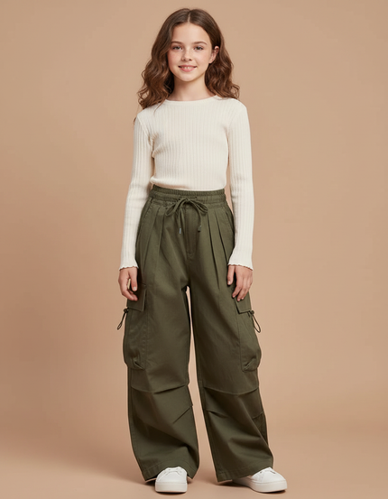 Pantalon Japonais Cargo Vert Ample Plissé Confortable Fille - Kaki Gabardine