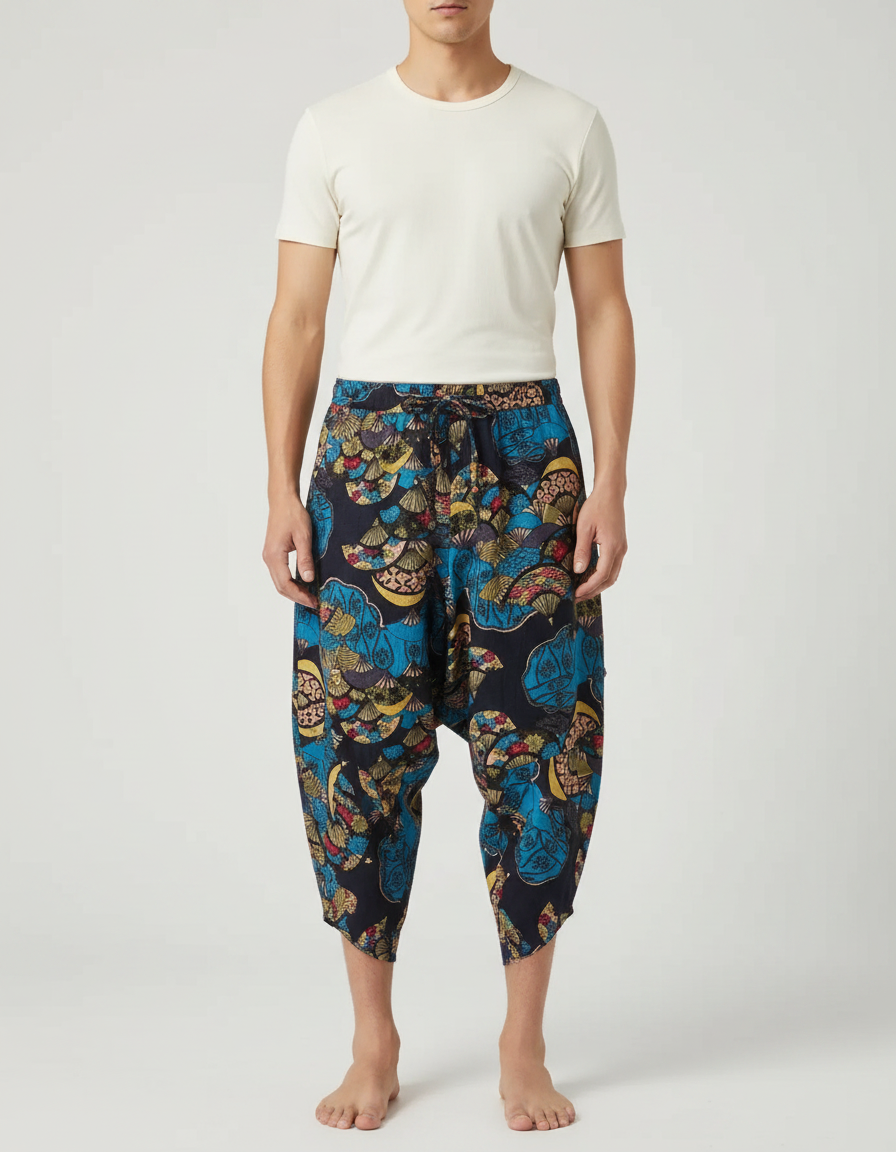 Pantalon Japonais Sarouel Imprimé Éléphants Ample Coton Homme