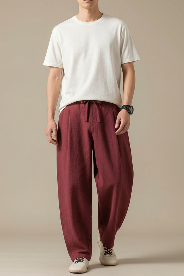 Pantalon Baggy Japonais - Bordeaux Lin