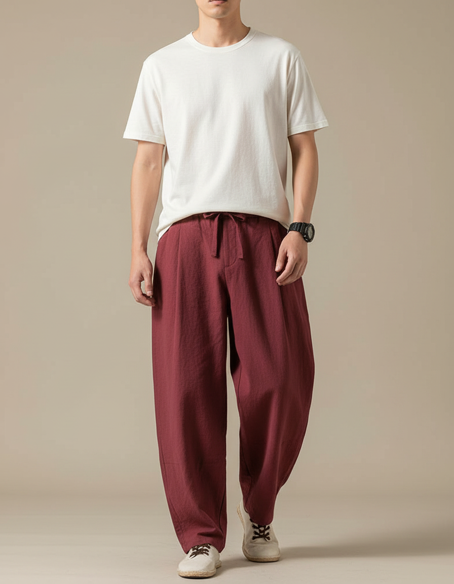 Pantalon Baggy Japonais - Bordeaux Lin