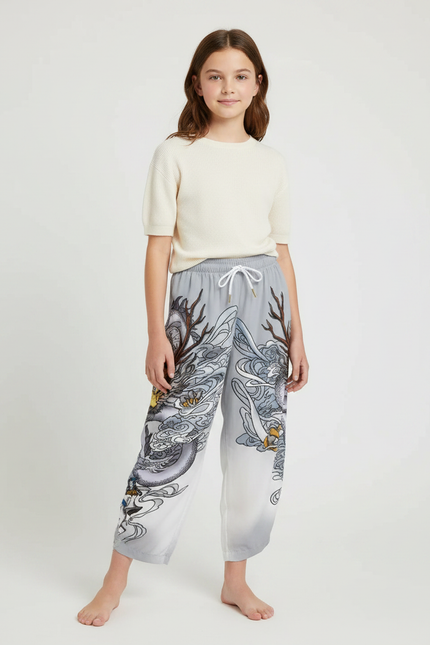 Pantalon Japonais Dragon Gris Ample Enfant - Satin
