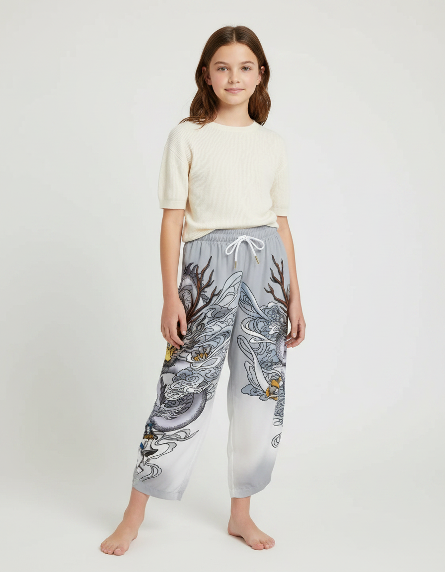 Pantalon Japonais Dragon Gris Ample Enfant - Satin