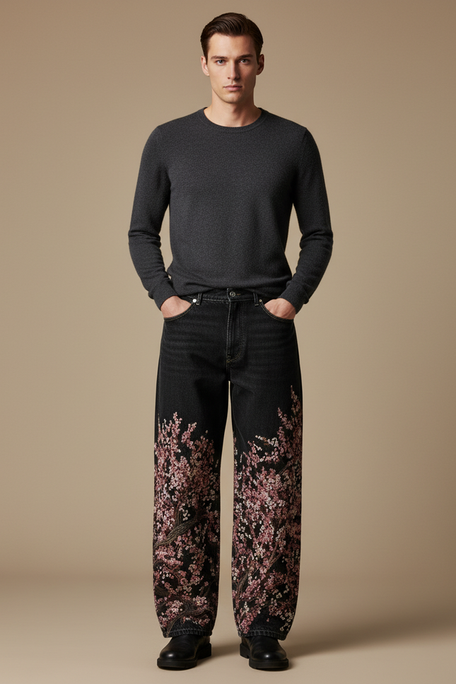 Pantalon Japonais Noir Brodé Ample Décontracté Homme - Jean