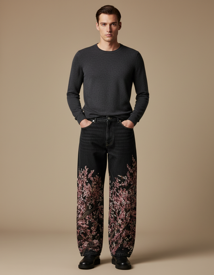 Pantalon Japonais Noir Brodé Ample Décontracté Homme - Jean