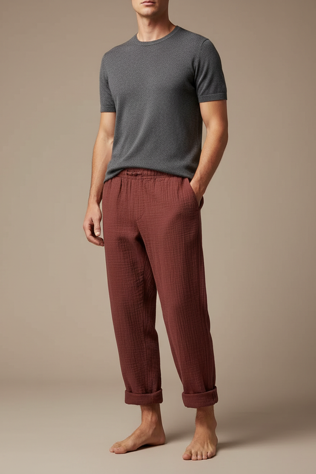 Pantalon Japonais Bordeaux Ample Texturé Coton Décontracté