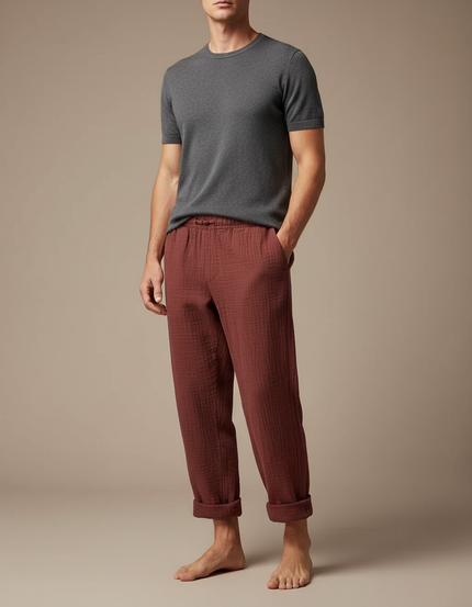 Pantalon Japonais Bordeaux Ample Texturé Coton Décontracté