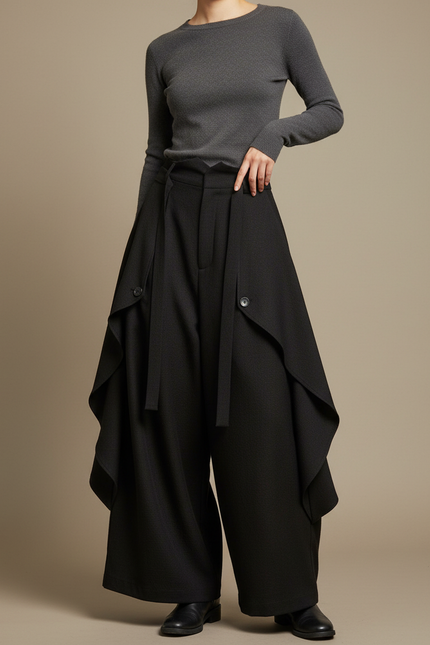 Pantalon Japonais Noir Ample Asymétrique Fluide Élégant - Polyester
