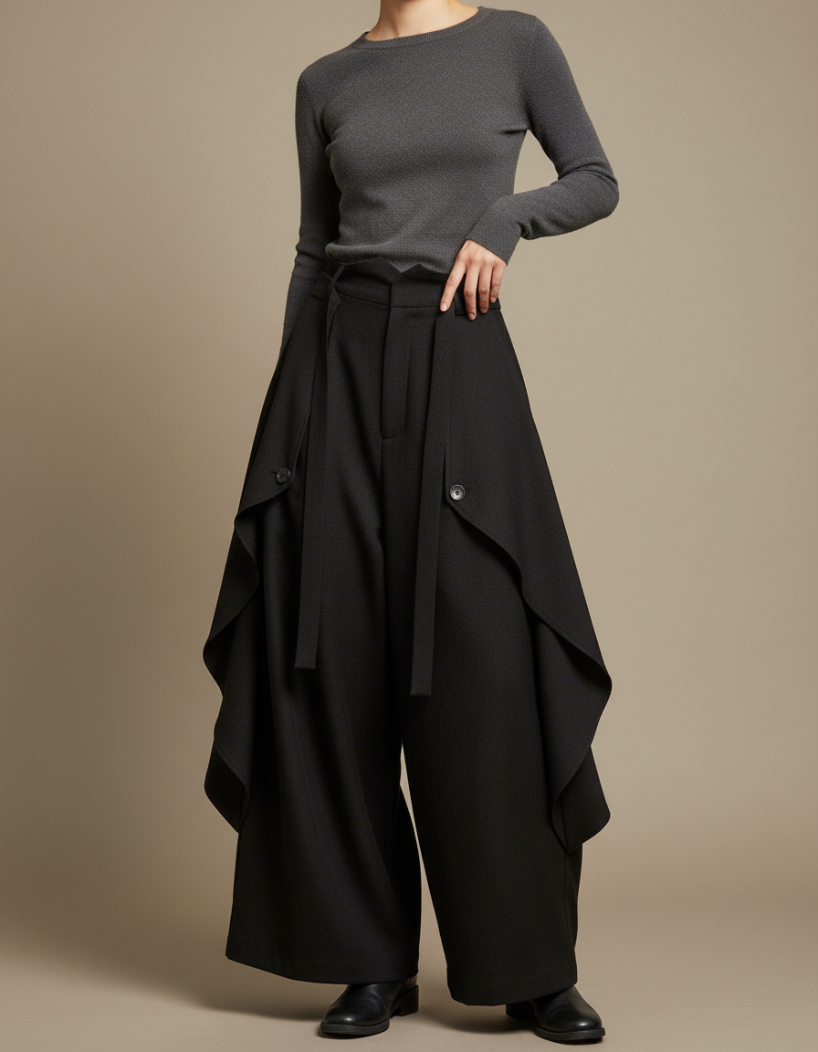 Pantalon Japonais Noir Ample Asymétrique Fluide Élégant - Polyester