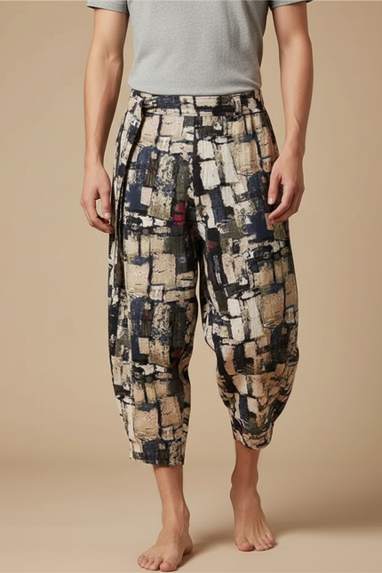 Pantalon Japonais Imprimé Géométrique Ample Décontracté Homme - Lin