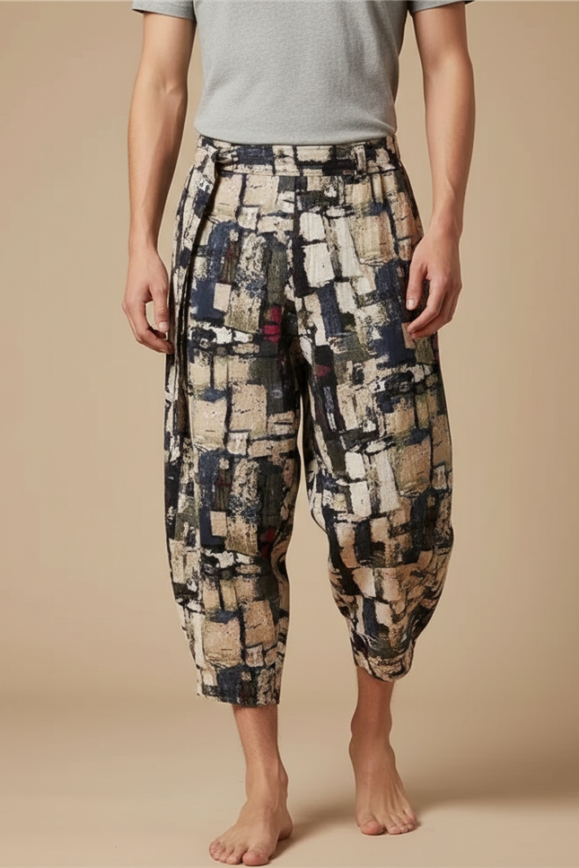 Pantalon Japonais Imprimé Géométrique Ample Décontracté Homme - Lin
