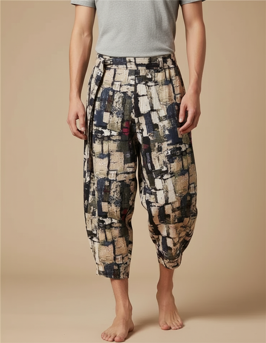 Pantalon Japonais Imprimé Géométrique Ample Décontracté Homme - Lin