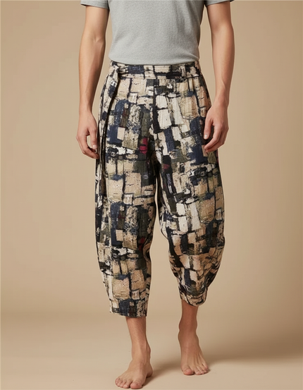 Pantalon Japonais Imprimé Géométrique Ample Décontracté Homme - Lin