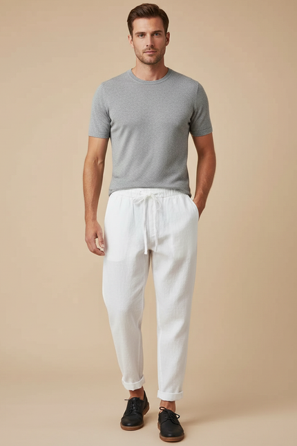 Pantalon Japonais Blanc Lin Ample Cordon Homme